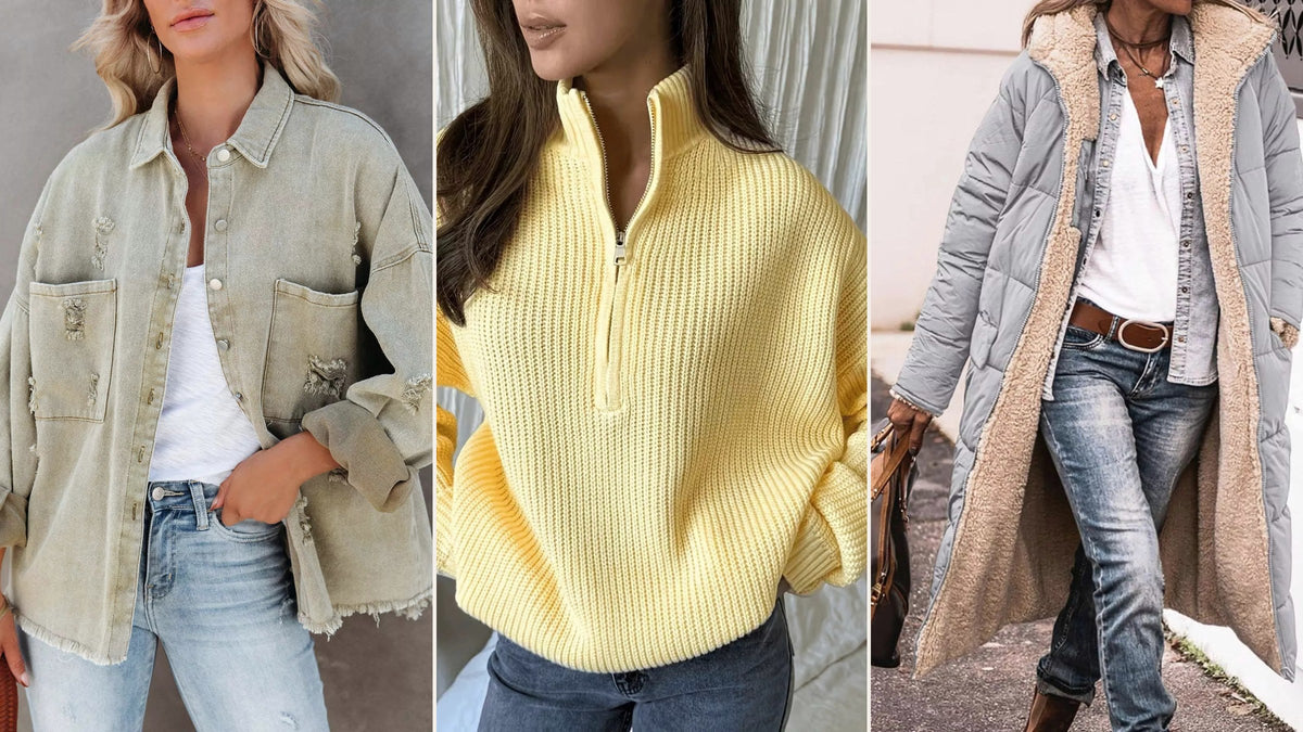 Vale & Thread monthly drop — denim jacket, half-zip sweater, sherpa coat